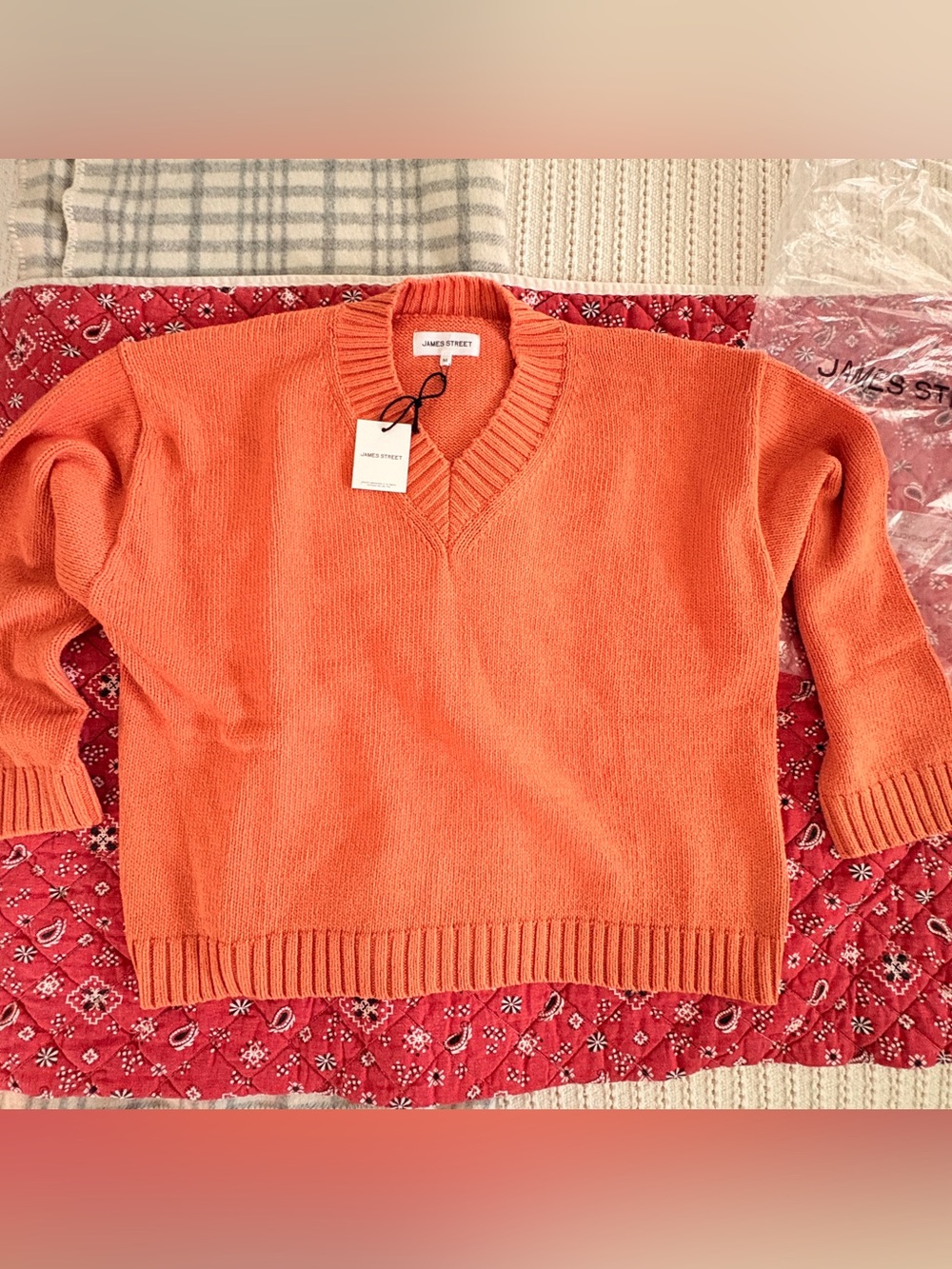 James Street Co. Sloane Vee V-Neck Sweater in Melon NWT Size M